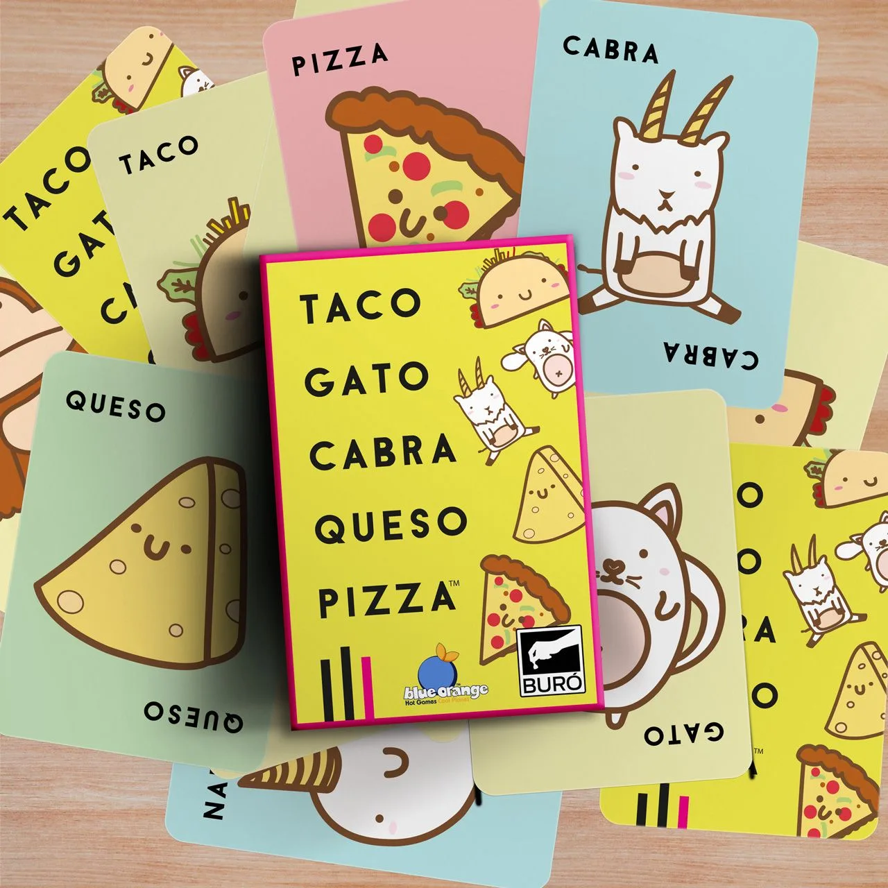 mazo de cartas: taco, gato, cabra, queso, pizza